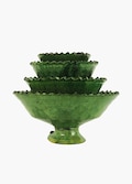 Moroccan Vintage Tamegroute Green Glazed Jagged Edge Pedestal Fruit Bowl Nesting Set, Handmade Ceramic Serving Bowl, Home Decor