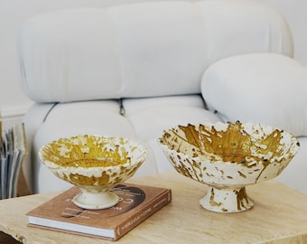 PAYDAY SALEMoroccan Tamegroute x Puglia Splatter Design Jagged Edge Pedestal Fruit Bowl, Handmade Ceramic Serving Bowl, Ochre, Raw Clay