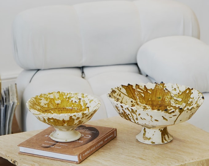 NEW SEASON SALE Moroccan Tamegroute x Puglia Splatter Design Jagged Edge Pedestal Fruit Bowl, Handmade Ceramic Serving Bowl, Ochre, Raw Clay