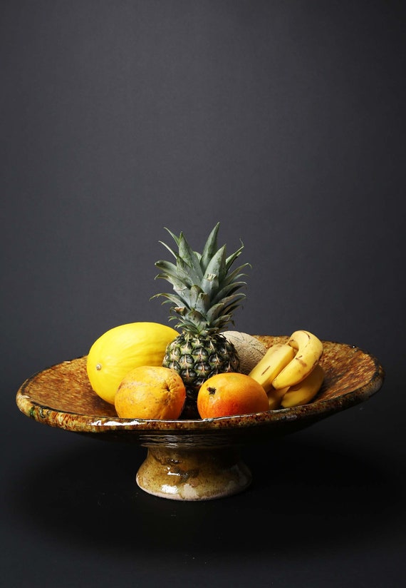 Morrocan Vintage Tamegroute Ochre Large Platter, Handmade Ceramic Serving Platter, Serving Cake Stands, Serving Fruit Dish