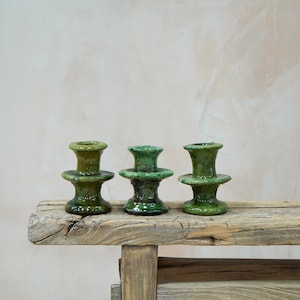 Moroccan Vintage Tamegroute Set of 3 Green Candlestick Holder, Handmade Ceramic Glazed Pottery, Home Decor