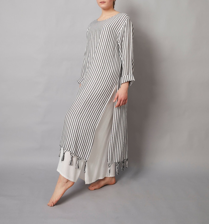 Moroccan Egyptian Cotton Thick Stripe Maxi Kaftan Dress with Handwoven Tassels, Beach Dress, Bohemian Beach Cover Ups, Gifts image 4