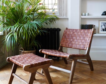 INTRODUCTORY OFFER Caramel Brown Luxury Leather and Walnut Wood Woven Lounge Chair, Accent Chair, handmade armchair, woven leather