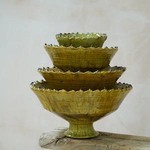 Moroccan Vintage Tamegroute Ochre Glazed Jagged Edge Pedestal Fruit Bowl Nesting Set, Handmade Ceramic Serving Bowl, Home Decor, Home Decor