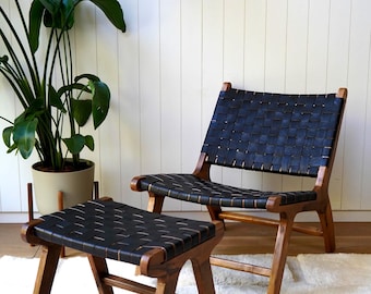 INTRODUCTORY OFFER Charcoal Black Luxury Leather and Walnut Wood Woven Lounge Chair, Accent Chair, handmade armchair, woven leather