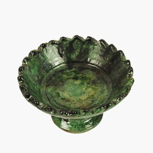Moroccan Vintage Tamegroute Shaded Green Glazed Jagged Edge Pedestal Fruit Bowl, Handmade Ceramic Serving Bowl, Home Decor