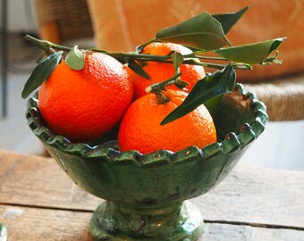 Moroccan Vintage Tamegroute Green Glazed Small / Medium Jagged Edge Pedestal Fruit Bowl, Handmade Ceramic Serving Bowl, Home Decor