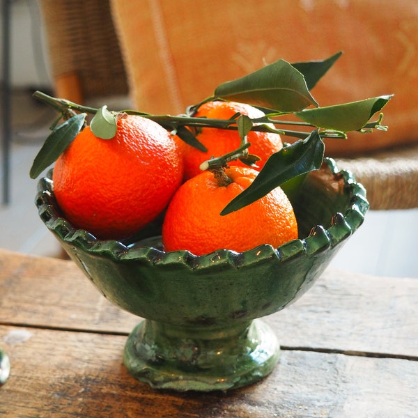 Moroccan Vintage Tamegroute Green Glazed Small / Medium Jagged Edge Pedestal Fruit Bowl, Handmade Ceramic Serving Bowl, Home Decor