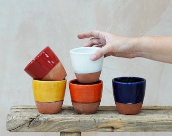 MID-SEASON SALE Moroccan Handmade Cappuccino Cup, Round Coffee Cup, No Handle Coffee Cup, Unique Half Glaze & Terracotta Finish, Set of Cup