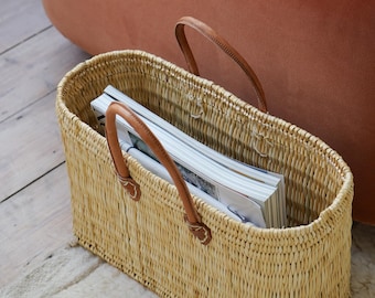SUMMER SALE Moroccan Luxury Handmade Seagrass Basket, Leather Handles, Sustainable Natural, Magazine Holder, Storage Basket