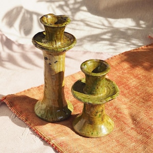 Moroccan Vintage Tamegroute Ochre Candlestick Holders XS, S, M, Handmade Ceramic Glazed Pottery, Birthday Gift