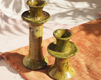 SUMMER SALE Moroccan Vintage Tamegroute Ochre Candlestick Holders, Handmade Ceramic Glazed Pottery, Birthday Gift