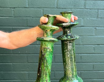 SALDI DI SECONDA CLASSE, Portacandele marocchino vintage verde Tamegroute, in ceramica smaltata fatta a mano