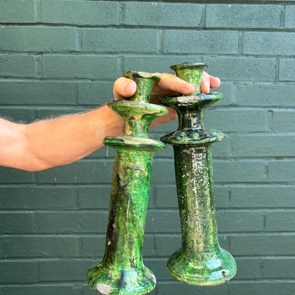 SECONDS SALE, Moroccan Vintage Tamegroute Green Candlestick Holder, Handmade Ceramic Glazed Pottery