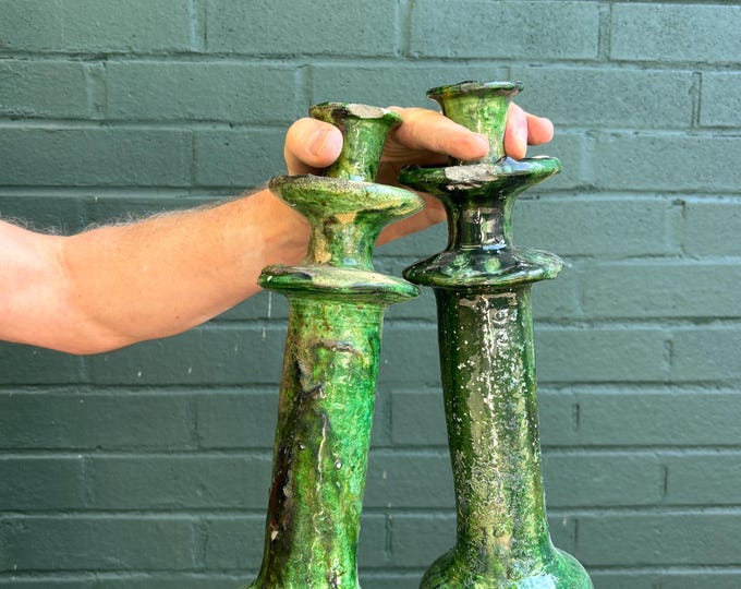 SECONDS SALE, Moroccan Vintage Tamegroute Green Candlestick Holder, Handmade Ceramic Glazed Pottery