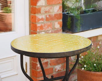 CLEARANCE - OVER DELIVERY  Moroccan Zellige Tiled Table, Mozaic Tiled Table,  Garden Table, Terrace Table, Wrought Iron Leg, Sunshine Yellow