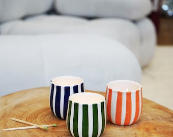 MID-SEASON SALE Moroccan Handmade Striped Tealight Holder, Striped Pottery, Handmade Match Pot, Match Holder, Coffee Cup