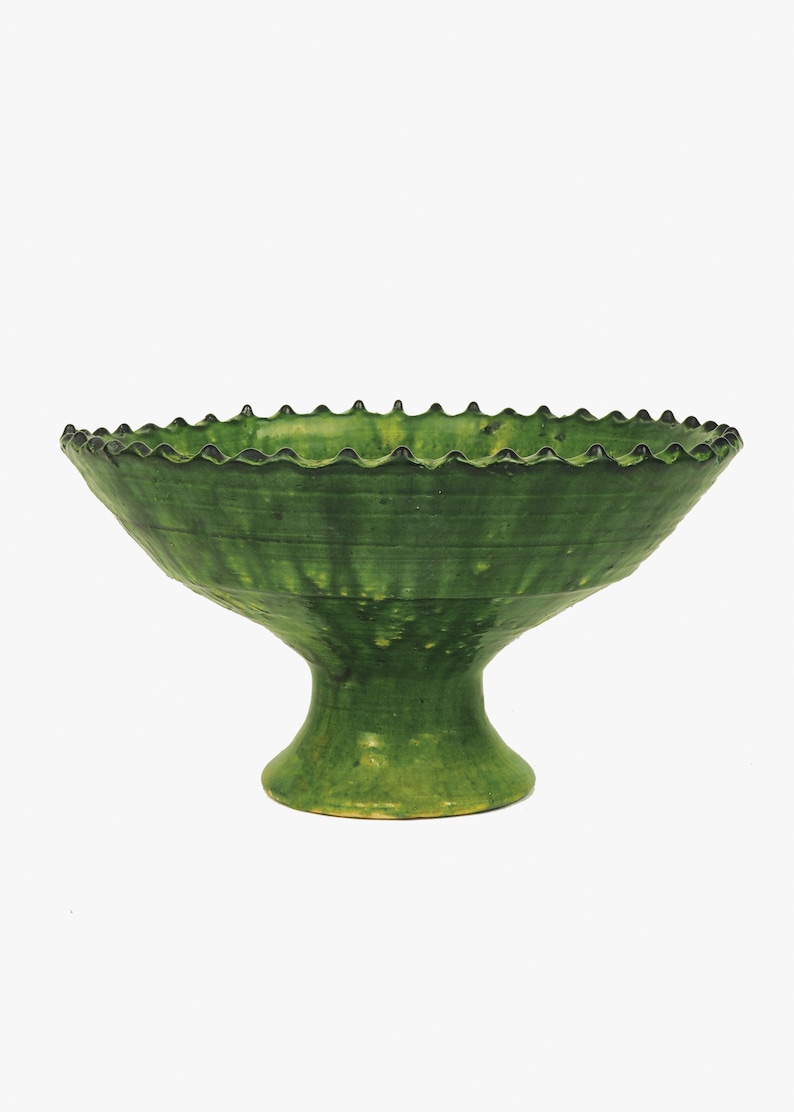 Moroccan Vintage Tamegroute Green Glazed Large Jagged Edge Pedestal Fruit Bowl, Handmade Ceramic Serving Bowl, Home Decor