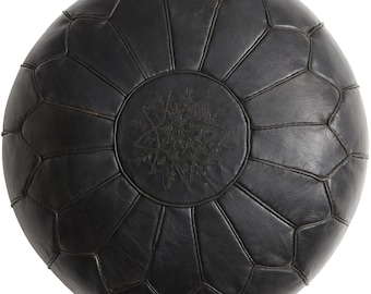 MID-SEASON SALE Deluxe Moroccan Black Leather Motif Pouffe, Handmade Artisan Ottoman Pouffe, Bean Bag Footstool, Floor Cushion
