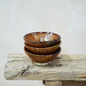 Moroccan Vintage Tamegroute Set of 3 Trinket Bowls, Deep Ochre Glazed Bowl, Handmade Ceramic Bowl, Snack Bowl, Dipping Bowls, Nibble Bowls