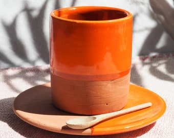 MID-SEASON SALE Moroccan Handmade Espresso Coffee Cup and Saucer 6oz or 10oz, Unique Half Glaze and Terracotta, Set of Espresso Cups
