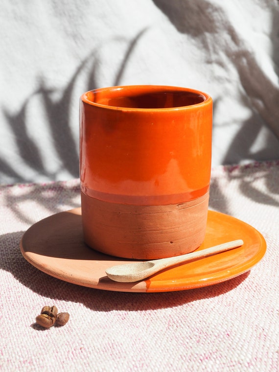 PAYDAY SALE Marokkanische handgefertigte Espressotasse mit Untertasse, 6 oz oder 10 oz, einzigartige Halbglasur und Terrakotta, Set aus Espressotassen