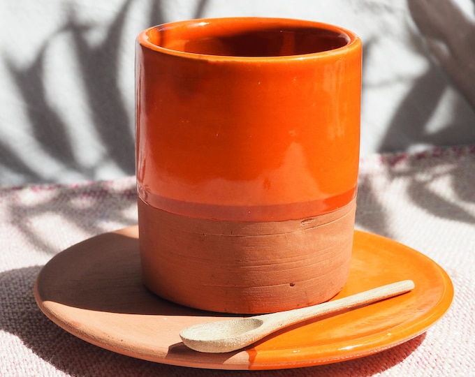 NEW SEASON SALE Moroccan Handmade Espresso Coffee Cup and Saucer 6oz or 10oz, Unique Half Glaze and Terracotta, Set of Espresso Cups