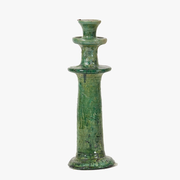 Moroccan Vintage Tamegroute Green Candlestick Holder, Handmade Ceramic Glazed Pottery, Home Decor