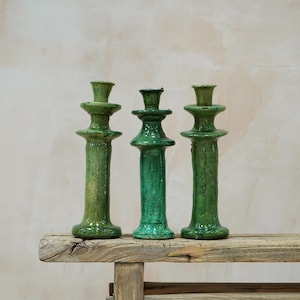Moroccan Vintage Tamegroute Set of 3 Green Candlestick Holder, Handmade Ceramic Glazed Pottery, Home Decor