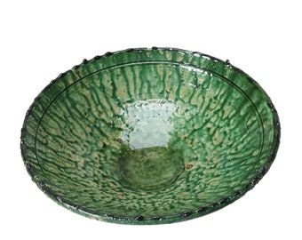 Moroccan Vintage Tamegroute Waterfall Green Glazed Large Fruit Bowl, Handmade Ceramic Serving Bowl, Fruit Bowl, Handcrafted Home Decor
