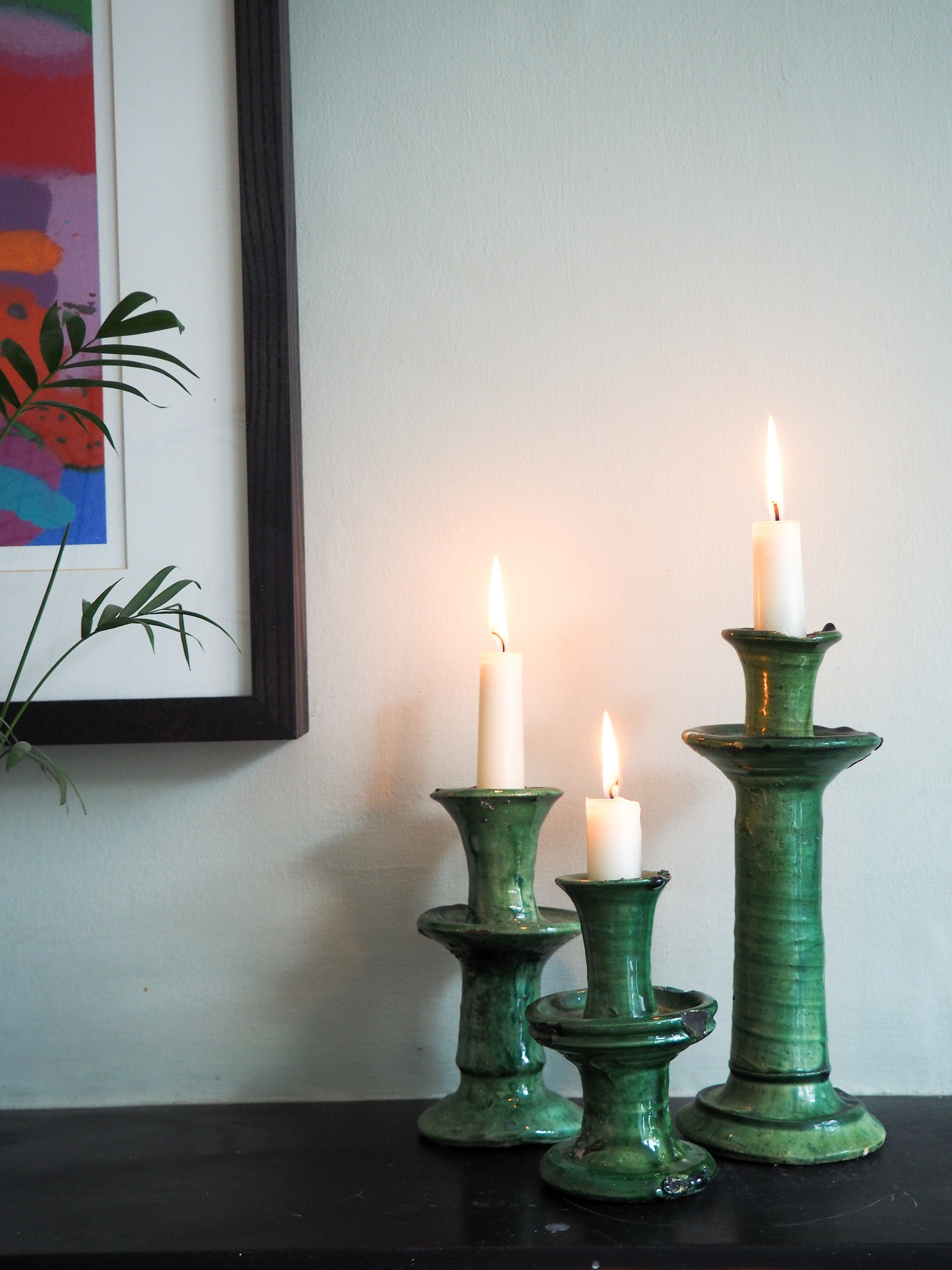 Set of 3 Moroccan Vintage Tamegroute Green Candlestick Holders XS