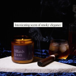 Billiards Room Soy Wax Candle, Leather Tobacco Scent, Amber Cashmere Aroma, Sepia Jar Container Candle, Single Wick, Uplifting Candle Decor