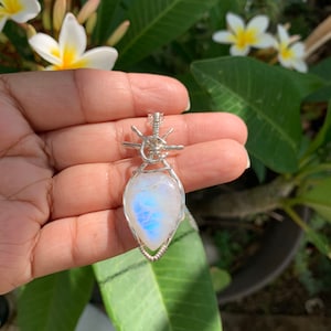 blue moonstone sun chakra artisan ooak charm talisman wire wrap sterling silver jewelry witchy magic