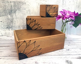 Rustic Wooden Sunflower Storage Boxes