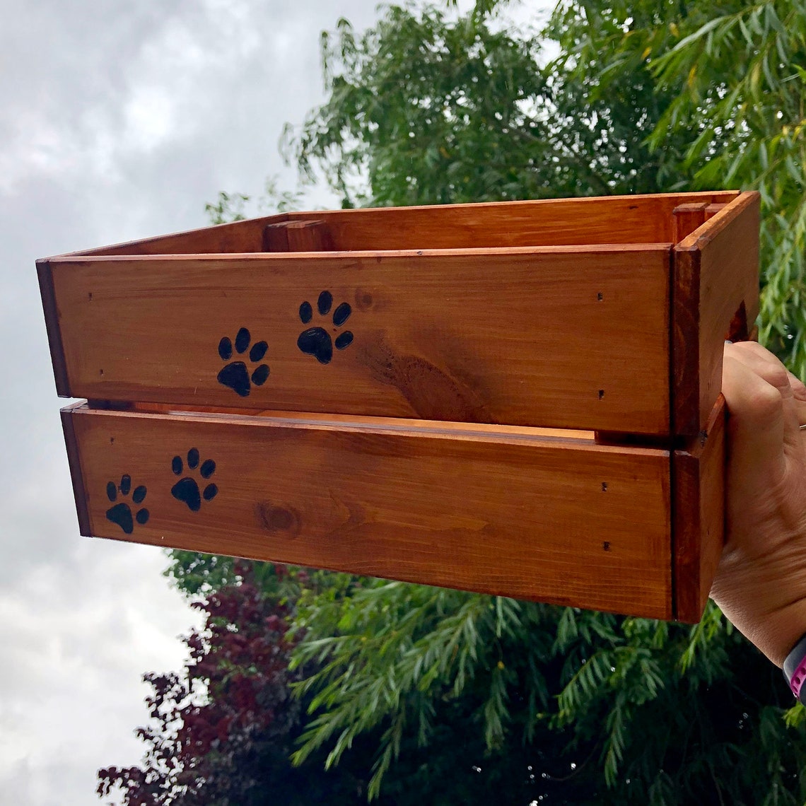Dog Toy Chest a wooden crate with dog paw prints hand Etsy