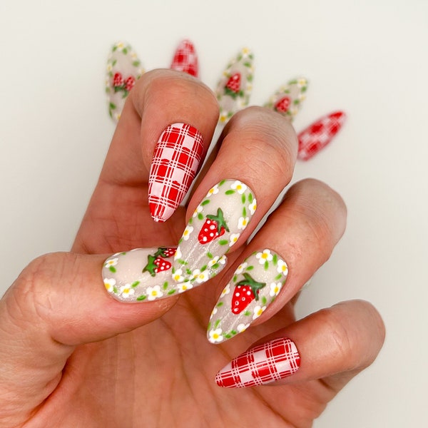 Adorable Spring Picnic Nails, Strawberry Blossoms, Spring Nails, Strawberry Nails, Trendy Nails, Red Nails, White Nails, Cottage Core Nails