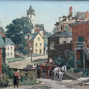Original, authentic J. Jeffrey Grant - Possibly East Gloucester, Mass. oil painting. Figures, Horse-drawn carriage, framed.