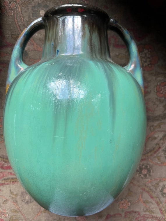 Green Fulper Pottery Vase with Darker Flambe on Light Green Field Green Fulper Pottery Vase with Darker Flambe on Light Green Field