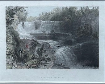 May include: A vintage lithograph print depicting Trenton Falls, a scenic waterfall in New York State. The print features a detailed illustration of the cascading water, surrounding foliage, and figures observing the falls.