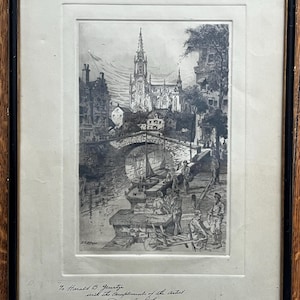 May include: Black and white etching of a cityscape with a church in the background and a bridge over a canal in the foreground. The etching is signed by the artist, "David L. Lithgow", and dated "Dec 24, 1945".