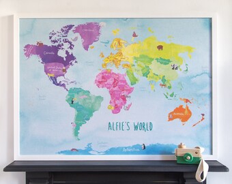 Personalised childrens world travel map notice board