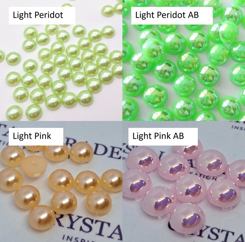 May include: Assortment of round, flat-backed, iridescent, decorative embellishments in four colors: light peridot, light peridot with an iridescent finish, light pink, and light pink with an iridescent finish.