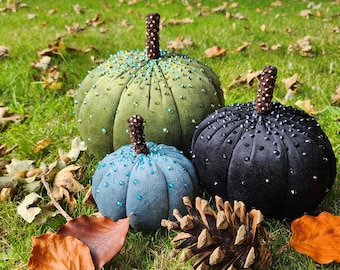 Hand Embellished Sparkly Plush Pumpkins Sets of 3 - Sparkle Decorations with Zodiac Crystals for Autumn Harvest & Halloween | Spooky