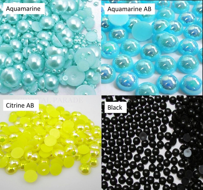 May include: Assortment of round, flat-back, pearl-like embellishments in four colors: aquamarine, aquamarine with iridescent finish, yellow, and black.
