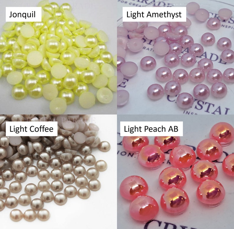 May include: Four groups of pearl-like beads in different colors: Jonquil, Light Amethyst, Light Coffee, and Light Peach AB. Each group is labeled with its color name.