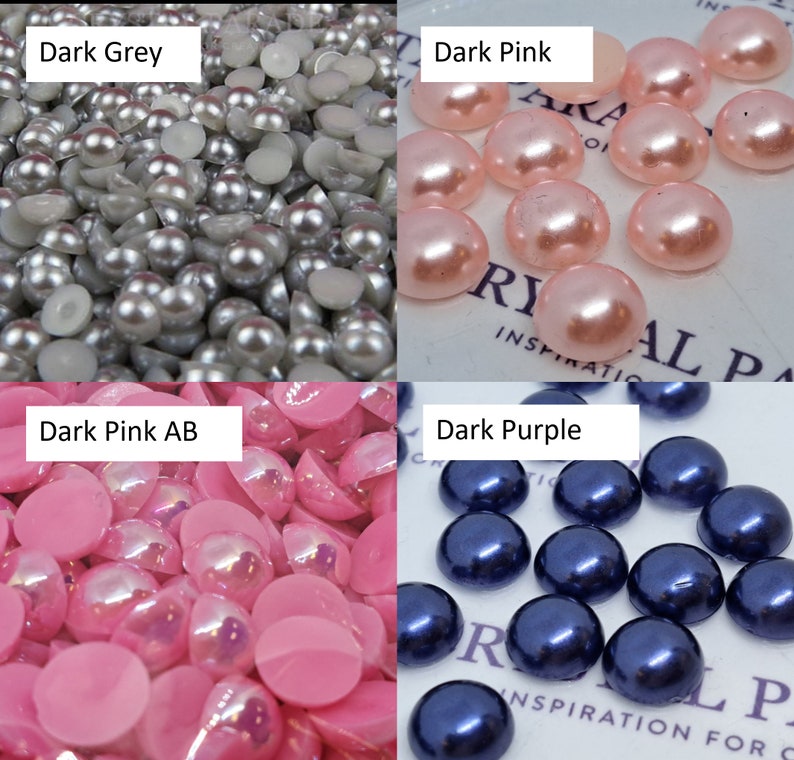May include: Assortment of pearl-like round buttons in dark grey, dark pink, dark pink with iridescent finish, and dark purple.