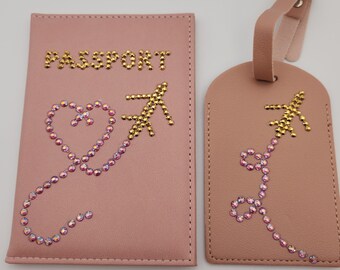 Hand Embellished Bespoke Pastel Pink Passport Holder and Luggage Tag Set | Zodiac Rose AB Crystals and Preciosa Aurum Crystals