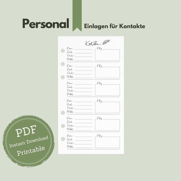 Personal: Inserts for contacts in "Script" style / Address book / Overview of addresses & contacts / Personal printable / Calendar inserts A6 PDF