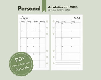 Personal // Monthly overview 2024 // Monthly planning in the style "Honey" (1M2S) // Monthly plan inserts 2024 // PDF for printing // Printable