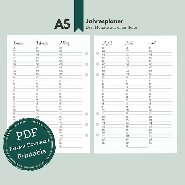 A5: Jahresplaner (3M1S) im Stil Honey (universal) / Jahresübersicht als PDF / 6 Monate pro Doppelseite / Ringbuch Einlage A5 / Jahresplanung